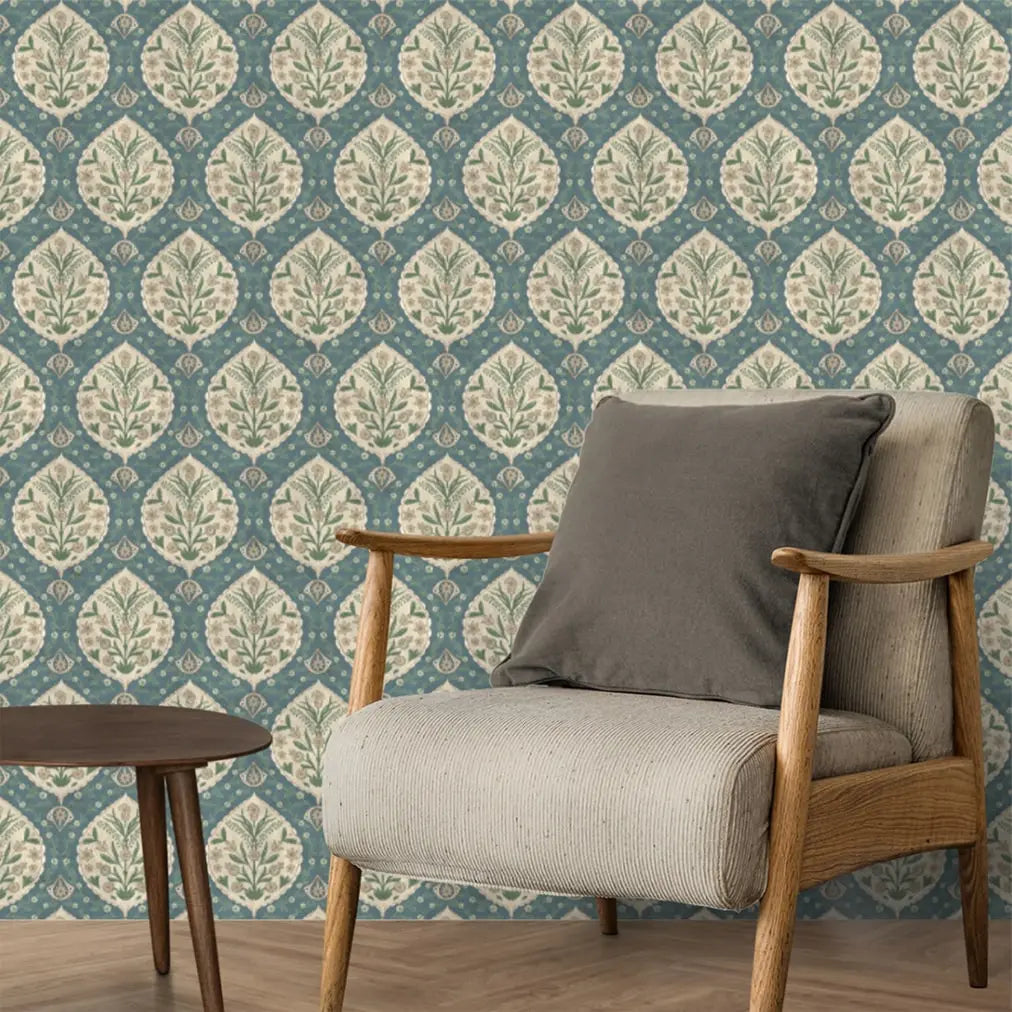 Gulmohar Indian Theme Wallpaper Rolls in Blue Color for Rooms