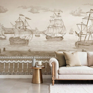 The Blue Horizon Sepia wallpaper applied on a bedroom accent wall showing full design and colour
