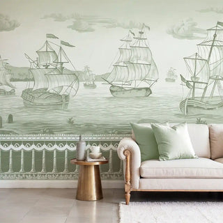 The Blue Horizon Sage Green wallpaper applied on a bedroom accent wall showing full design and colour