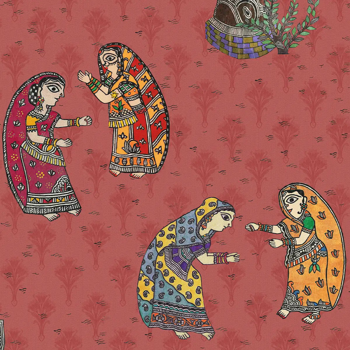 Janakpuri Jharoka Red Madhubani Wallpaper