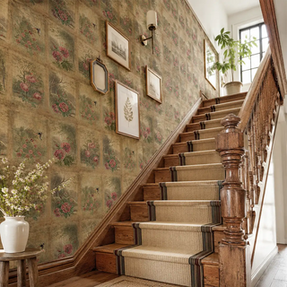 A Staircase Area Styled with Vatika Vintage Floral Theme Brown Wallpaper. view-staircase
