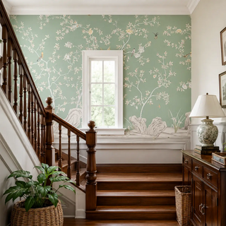 A Staircase Styled with Verde Elegance, Green Chinoiserie Wallpaper. view-staircase
