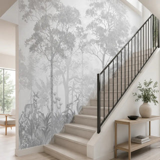 A Staircase Styled with Vintage Forest Wallpaper, Grisaille Style. view-staircase
