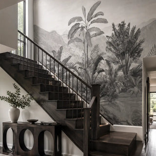 A Modern Starircase Area Showcasing Vintage Tropical Foliage Wallpaper, Black & White. view-staircase
