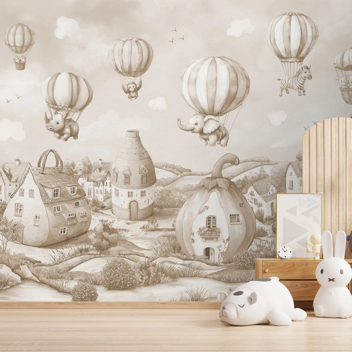 Warm Monochrome Dream village Kids Room Wallpaper Play Area