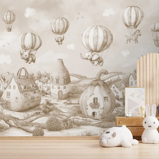 Warm Monochrome Dream village Kids Room Wallpaper Play Area