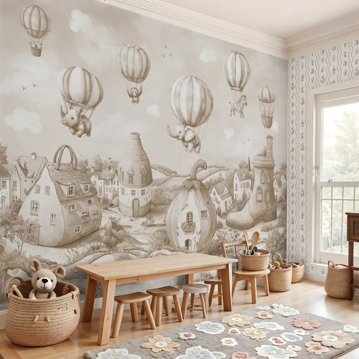 Warm Monochrome Dream village Kids Room Wallpaper