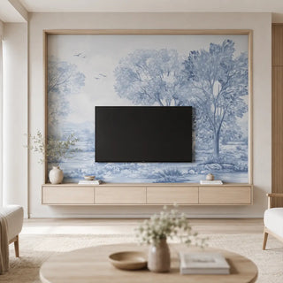 
The Whispering Moors setup is a masterclass in coastal minimalism, featuring a serene, customized blue scenic mural that brings a sense of vast, open landscapes indoors. Framed by light ash wood paneling and a sleek floating console, the monochrome blue tones create a calming, ethereal atmosphere that expands the visual depth of the room. This design perfectly marries contemporary clean lines with a soft, artistic soul, resulting in a tranquil and airy sanctuary for modern living. view-tvpanel