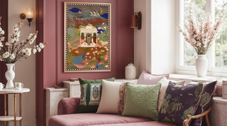 Living room with a colorful tapestry, floral arrangements, and a couch with patterned cushions.