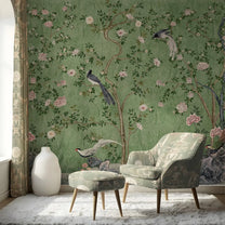 Rosa Chinoiserie, Green Color Room Wallpaper