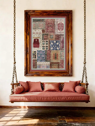 The Aalishan carpet mural framed behind a traditional wooden swing with coral cushions in a luxury living room.