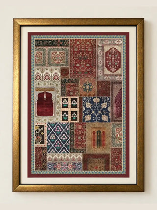 Aalishan framed wall art: antique Persian and Indian carpet fragments in crimson and navy, wooden frame with ivory mount