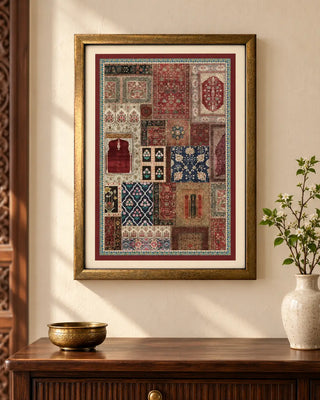 Aalishan framed wall art hung in an entryway above a console