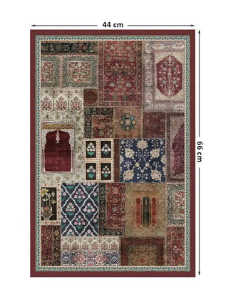 Full layout of Aalishan wall art at 44×66 cm showing the complete antique Mughal carpet patchwork composition within a teal arabesque border and crimson frame