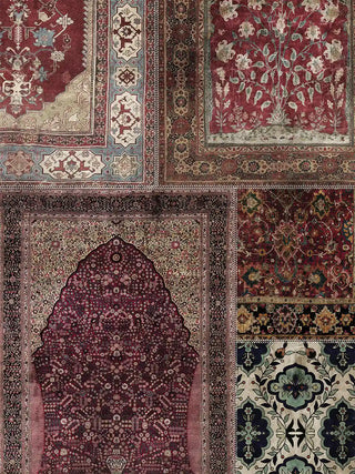 A detailed macro close-up of the Aalishan wall art highlighting a geometric rug corner border, a floral cluster panel and a tile lattice motif.