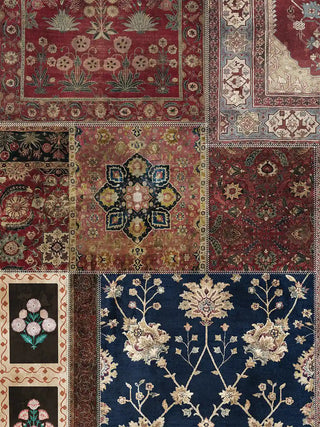 A detailed macro close-up of the Aalishan wall art highlighting a star-shaped rug medallion and a flowering vine motif on an indigo ground.