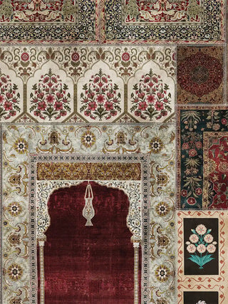 A detailed macro close-up of the Aalishan wall art highlighting a mihrab-style arch with a hanging lamp motif and dense floral borders.
