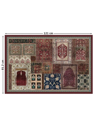 Full view of the Aalishan wall art print at 121 cm by 81.2cm, showing the complete patchwork of carpet and textile fragment motifs.