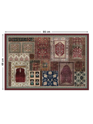 Full view of the Aalishan wall art print at 66 cm by 44 cm, showing the complete patchwork of carpet and textile fragment motifs.