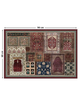 Full view of the Aalishan wall art print at 90 cm by 60 cm, showing the complete patchwork of carpet and textile fragment motifs.