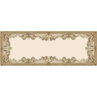 wallpaper showing symmetrical acanthus borders and classical detailing on a cream canvas.