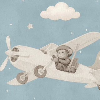 A detailed watercolor close-up of a hand-painted monkey piloting a vintage cream plane in a dusky blue sky.