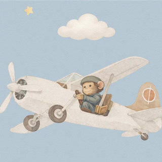 A detailed watercolor close-up of a hand-painted monkey piloting a vintage white plane in a blue sky.