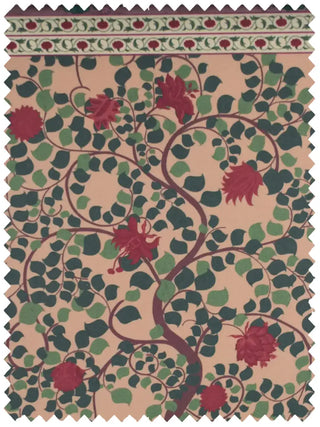 A high-resolution swatch of Akriti fabric featuring emerald vines, ruby flowers, and a traditional pomegranate border.