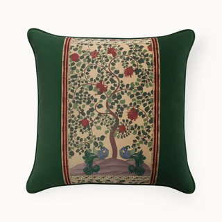 Akriti Panel Cushion Cover: Front view of the decorative cushion with an Indian 'Tree of Life' art panel and forest green border.