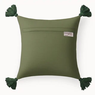 Back of akriti tassle corner Cushion Cover A traditional cushion featuring a Tree of Life. The design is framed with a patterned border and enhanced with dark green tassels on all four corners