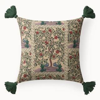  Front View of akriti tassle corner Cushion Cover A traditional cushion featuring a Tree of Life. The design is framed with a patterned border and enhanced with dark green tassels on all four corners