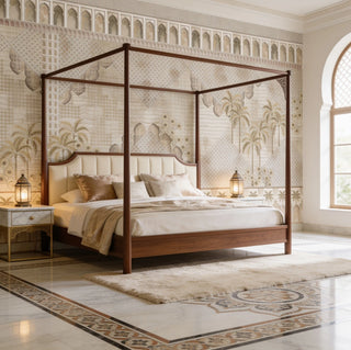 The Alhambra’s Whisper vintage oasis palm wallpaper mural styled seamlessly as a grand accent backdrop behind a luxury wooden four-poster canopy bed view-bedroom