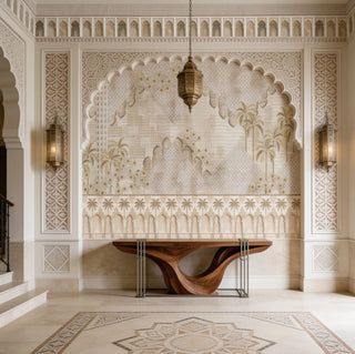 A striking installation of Alhambra’s Whisper wallpaper beautifully framed within a grand palace-style arched alcove console inside a luxury entry foyer hall view-foyer