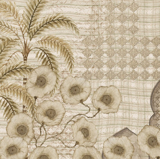 A high-resolution close-up detail of Alhambra's Whisper wallpaper showcasing hand-drawn poppies, palm fronds, and geometric Moorish medallion tiles.
