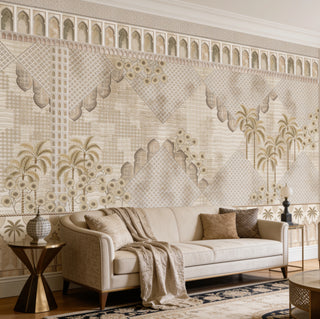 The Alhambra’s Whisper heritage scenic wallpaper mural styled across a formal contemporary living room wall behind a modern off-white cream sofa voew-livingroom