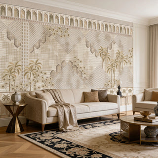 The Alhambra’s Whisper heritage scenic wallpaper mural styled across a formal contemporary living room wall behind a modern off-white cream sofa voew-livingroom