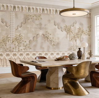 The Alhambra’s Whisper Moorish arch wallpaper mural styled as an architectural backdrop inside a luxury dining room with a marble table and walnut chairs view-diningroom