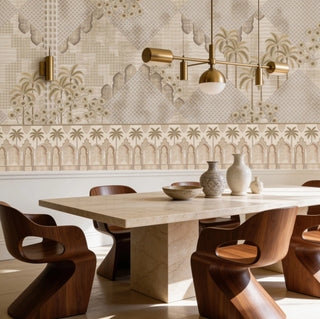 The Alhambra’s Whisper Moorish arch wallpaper mural styled as an architectural backdrop inside a luxury dining room with a marble table and walnut chairs view-diningroom