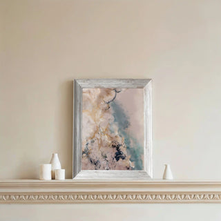 Amara Abstract Wall Art featuring soft beige, gold, and teal strokes with fluid marble-like textures.