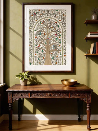 Anant Madhubani wall art in a gold frame styled above a traditional dark wood daybed with cream and red cushions.