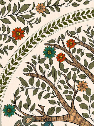 A detailed macro close-up of the Anant Madhubani wall art highlighting hand-inked foliage and stylised flowers along a branch.