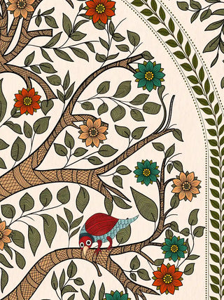 A detailed macro close-up of the Anant Madhubani wall art highlighting a perched parrot beside the patterned Madhubani border.