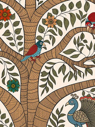 A detailed macro close-up of the Anant Madhubani wall art highlighting a perched parrot and a peacock among the tree's branches.