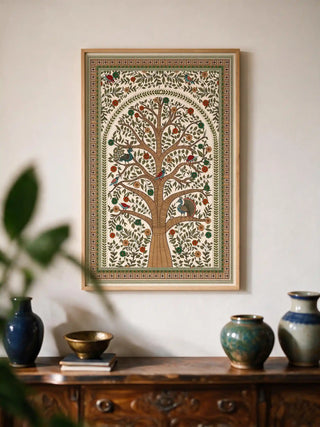 The Anant Madhubani wall art in a light oak frame, styled above a wooden console with ceramic vases, a brass bowl and a trailing plant.