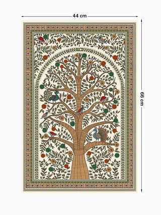 Full view of the Anant Madhubani wall art in green, brown and beige, 44 cm by 66 cm, showing the complete tree of life design.