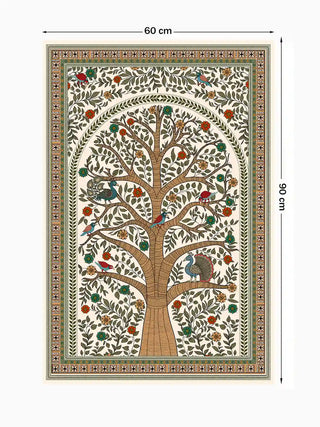 Full view of the Anant Madhubani wall art in green, brown and beige, 60 cm by 90 cm, showing the complete tree of life design.