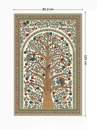 Full view of the Anant Madhubani wall art in green, brown and beige, 81.2 cm by 121 cm, showing the complete tree of life design.