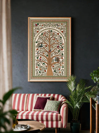 The Anant Madhubani wall art in a light oak frame, displayed on a dark charcoal wall above a red and cream striped sofa.