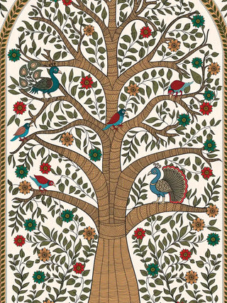 A detailed close-up of the Anant Madhubani wall art showing the tree of life with two peacocks and small birds perched among the branches, rendered in the Madhubani painting style.