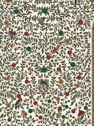 A detailed close-up of the Anant Madhubani wall art showing the dense floral vine field with small birds, rendered in the double-line, cross-hatch Madhubani painting style.